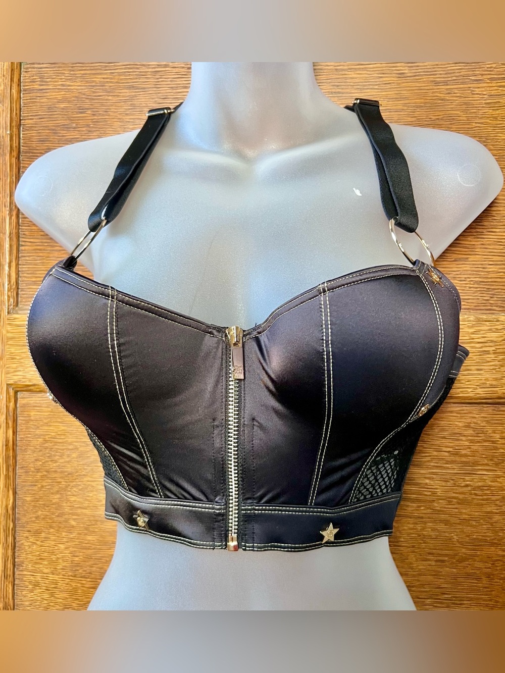 Honey Birdette Black Zipped Satin Front Close Push-up Bra